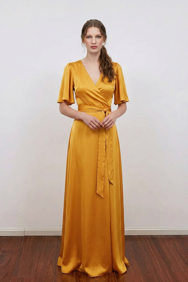 Elegant Satin Silk Gold Wrap Bridesmaid Dress Wedding Guest Outfit-Pgmdress