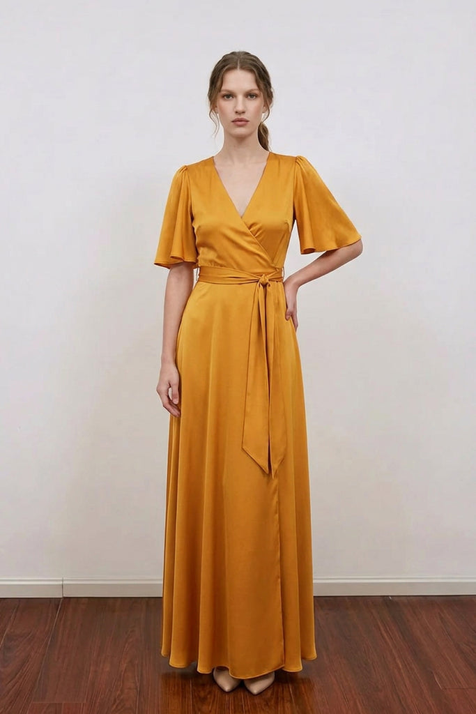 Elegant Satin Silk Gold Wrap Bridesmaid Dress Wedding Guest Outfit US0 / Custom Color