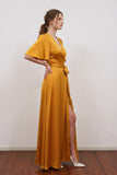 Elegant Satin Silk Gold Wrap Bridesmaid Dress Wedding Guest Outfit-Pgmdress