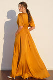 Elegant Satin Silk Gold Wrap Bridesmaid Dress Wedding Guest Outfit-Pgmdress
