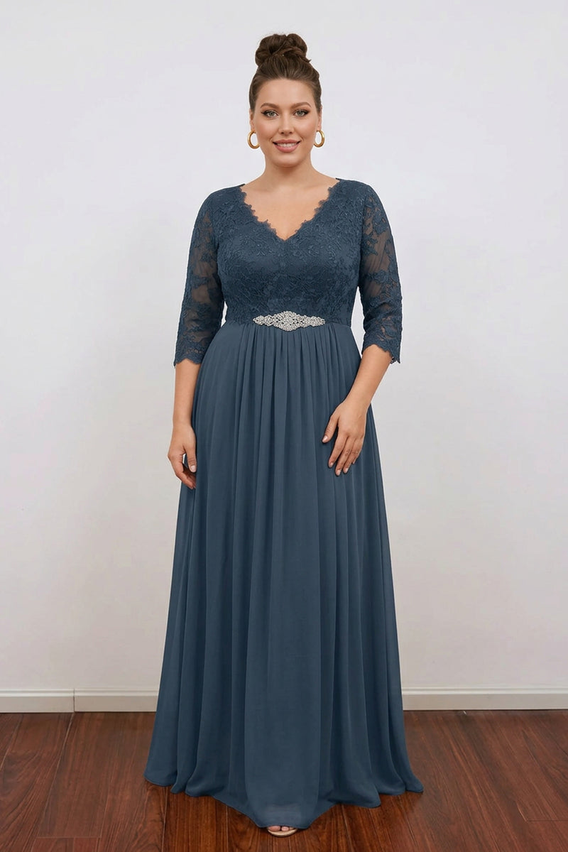 Elegant V-Neck A-Line Plus Size Navy Blue Mother of the Bride Dress-Pgmdress