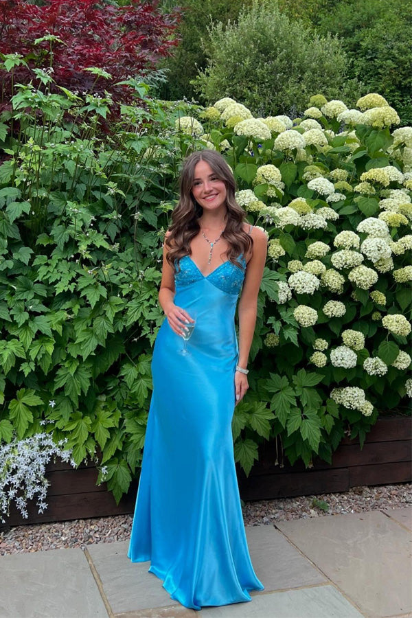 Elegantes V-Ausschnitt Spaghetti Memriad Blau Langes Ballkleid PSK714