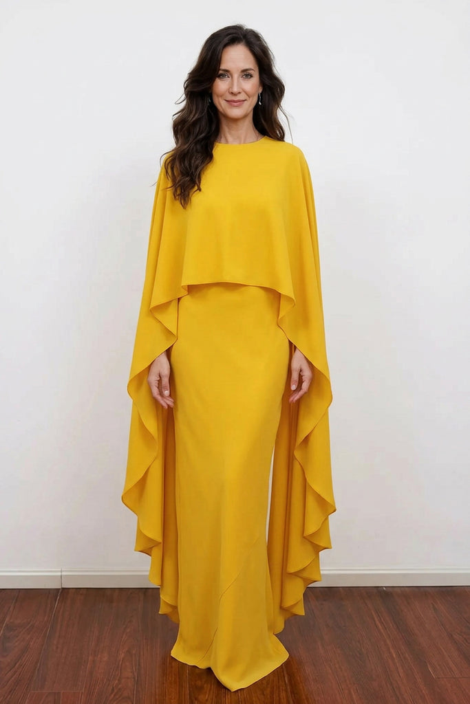 Elegant Yellow Cape Mother of the Bride Dress Long Evening Gown US12 / Yellow