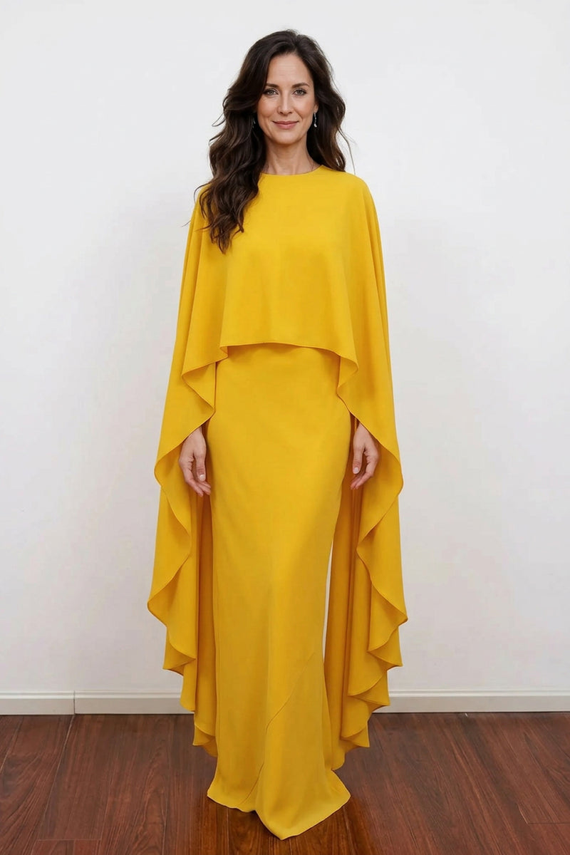 Elegant Yellow Cape Mother of the Bride Dress | Long Evening Gown-Pgmdress