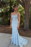 Elegant Mermaid Floral Embroidered Blue Prom Dress Party Dress-Pgmdress