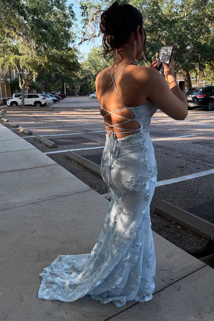 Elegant Mermaid Floral Embroidered Blue Prom Dress Party Dress-Pgmdress