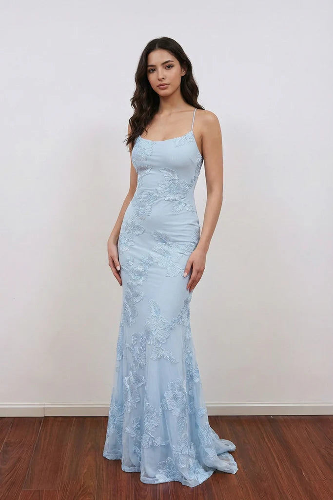 Elegant Mermaid Floral Embroidered Blue Prom Dress Party Dress-Pgmdress