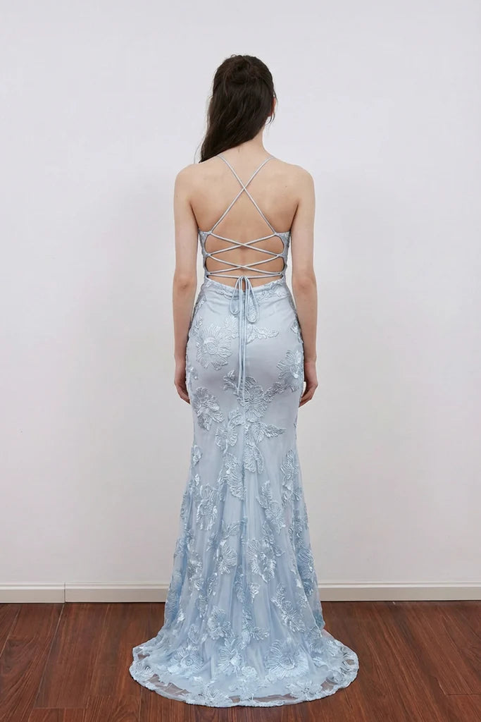Elegant Mermaid Floral Embroidered Blue Prom Dress Party Dress-Pgmdress