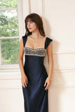 Elegant Navy Blue Satin Prom Dress with Crystal Embellished-Pgmdress
