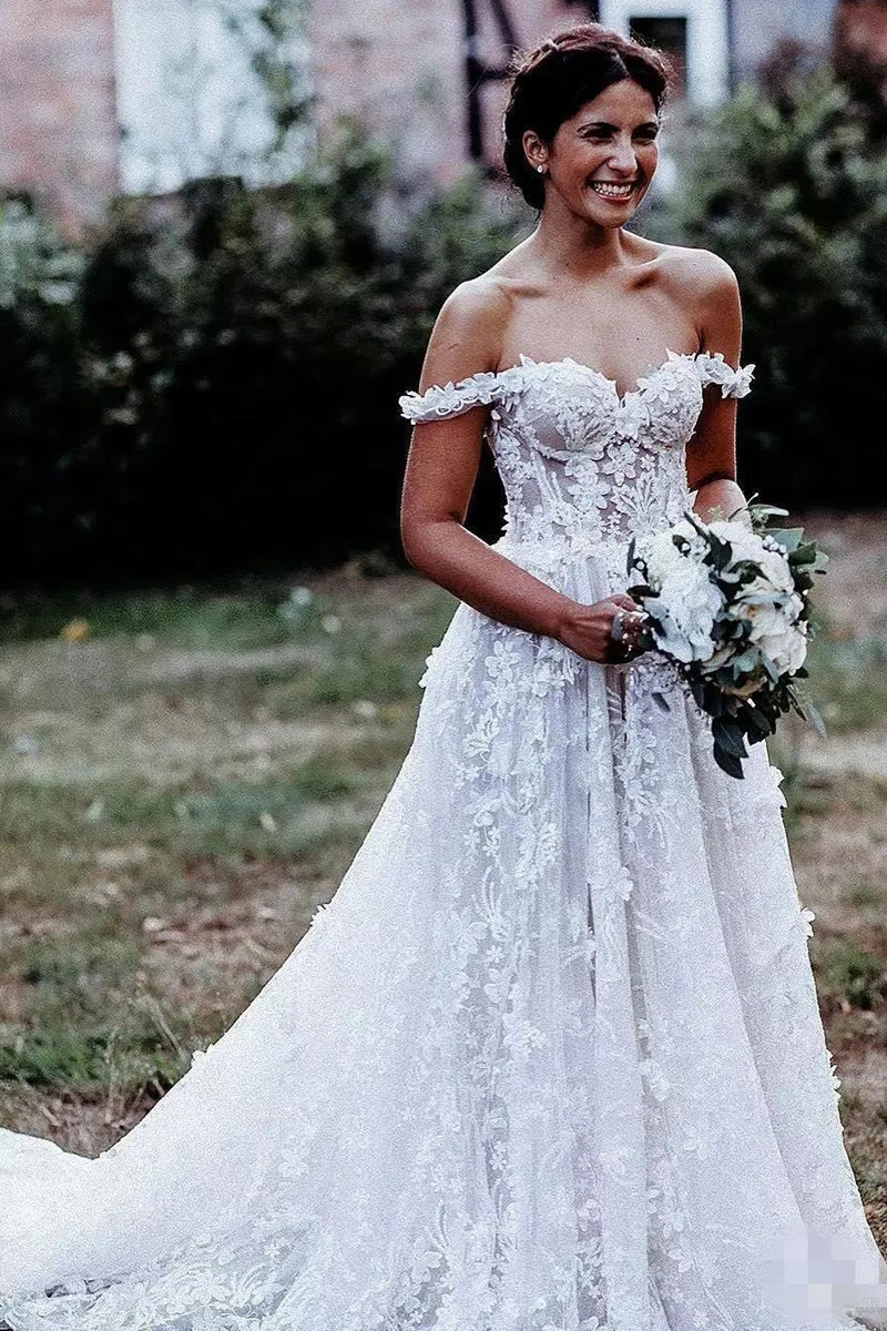 Elegant Off Shoulder White Tulle Wedding Dress with Appliques  WD337-Pgmdress