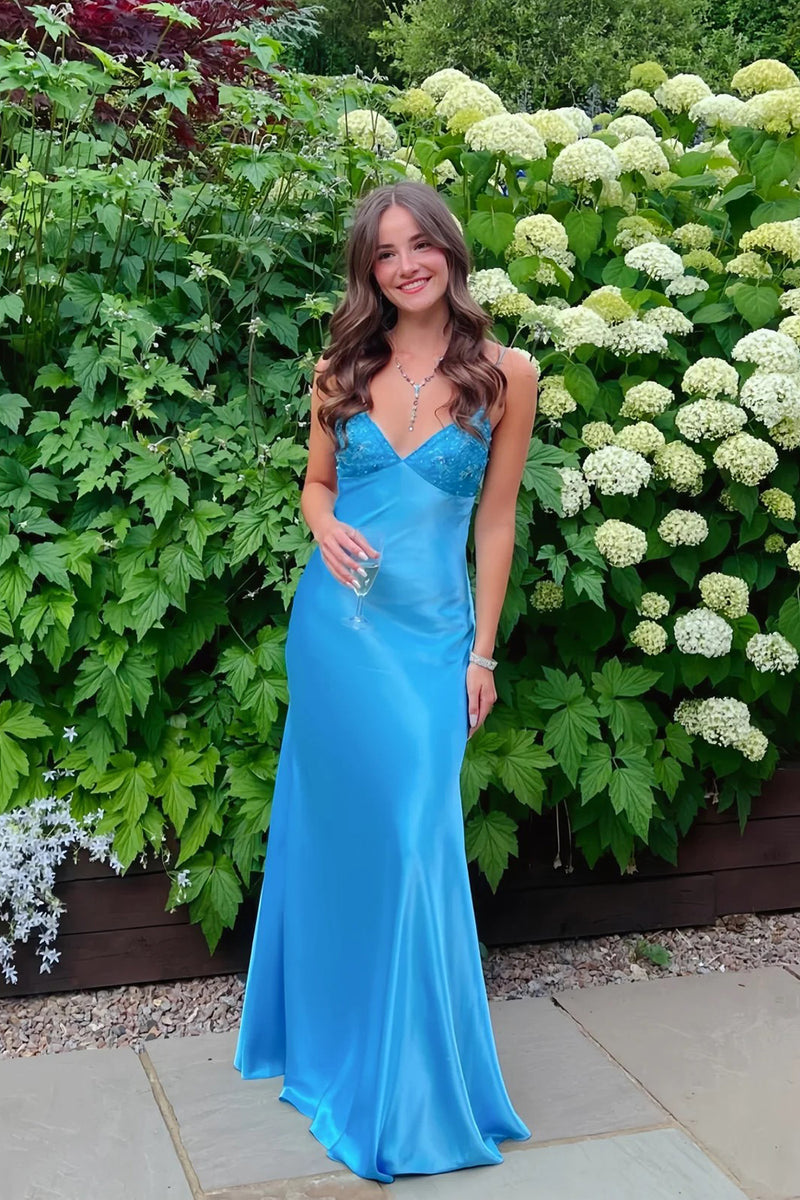 Elegant V-neck Spaghetti Memriad Blue Long Prom Dress PSK714-Pgmdress