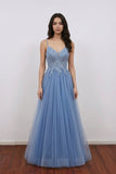 Embroidered Fairy Ball Gown Blue V-Neck Prom Dress Formal Dress-Pgmdress