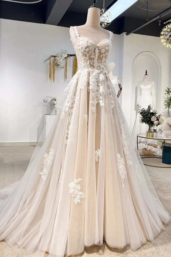 Fairy A-line Floral Corset Wedding Dress With Lace Appliques-Pgmdress