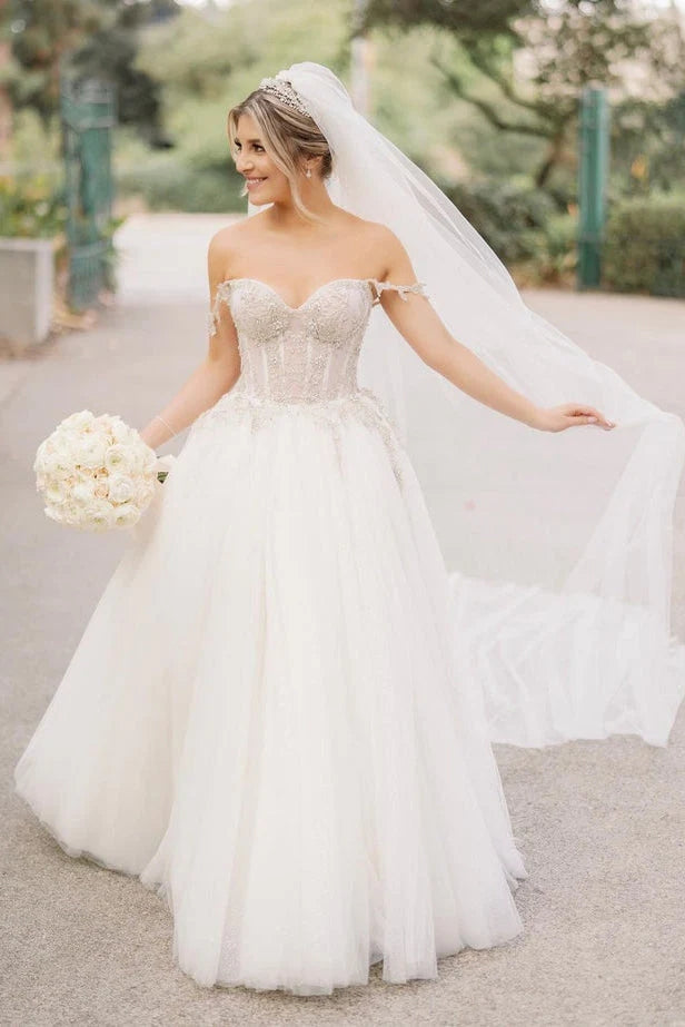 Fairy A Line Sweetheart Tulle Wedding Dresses with Beading WD678-Pgmdress