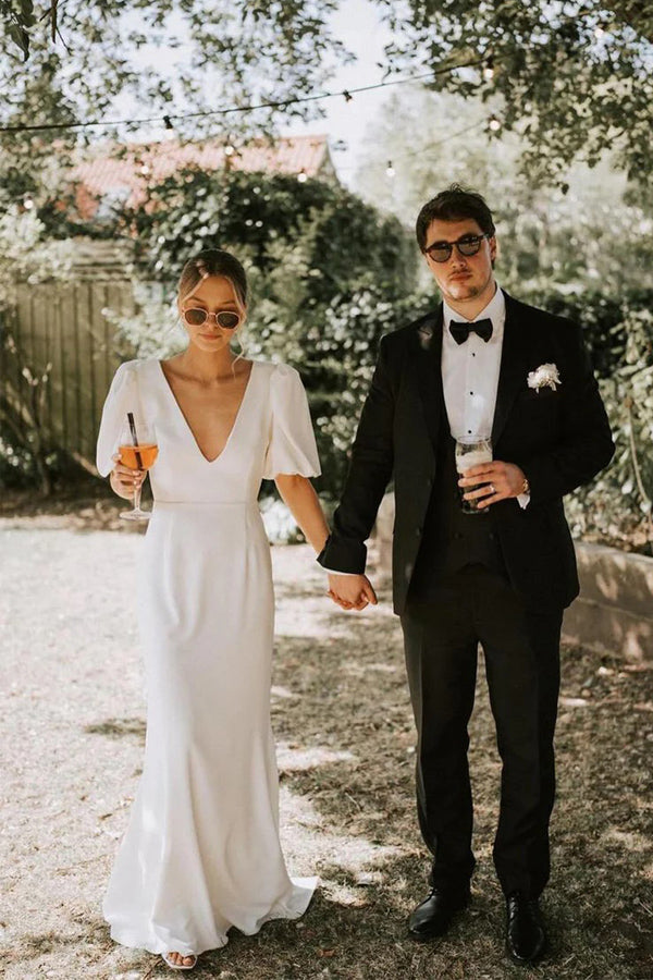 Fairy A Line V Neck Elastic Satin Modest Wedding Dress WD757-Pgmdress