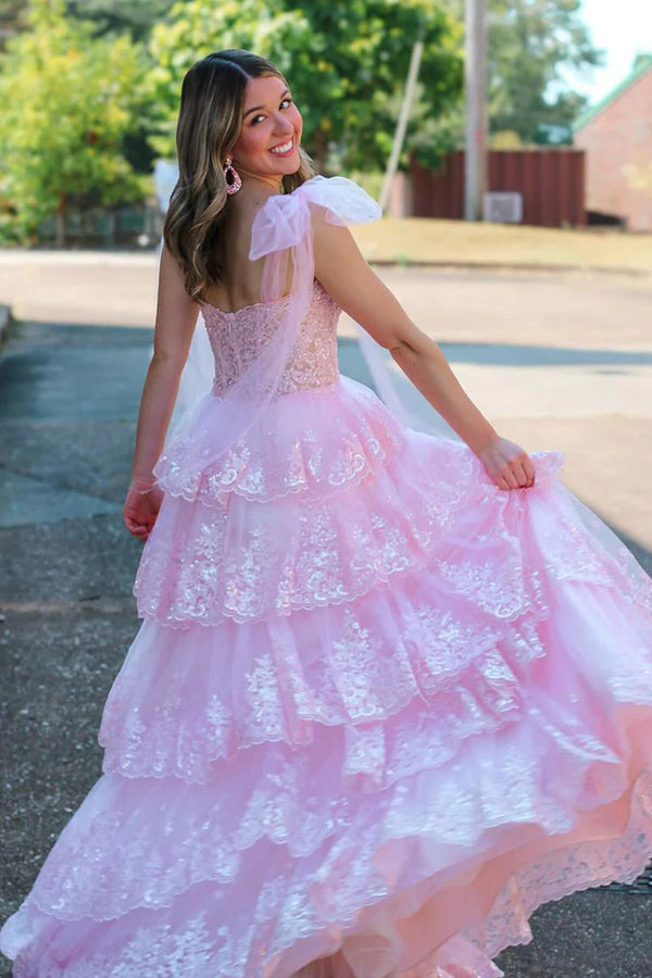 Fairy A Line V Neck Pink Long Prom Dress with Appliques PSK614-Pgmdress