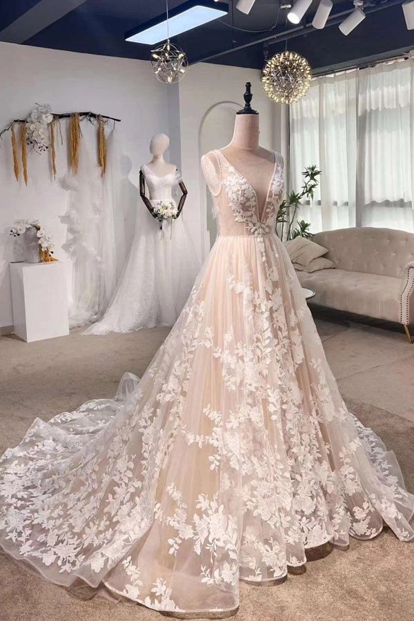 Fairy Floral A-line Bohemian Wedding Dress Unique Elopement Dress-Pgmdress