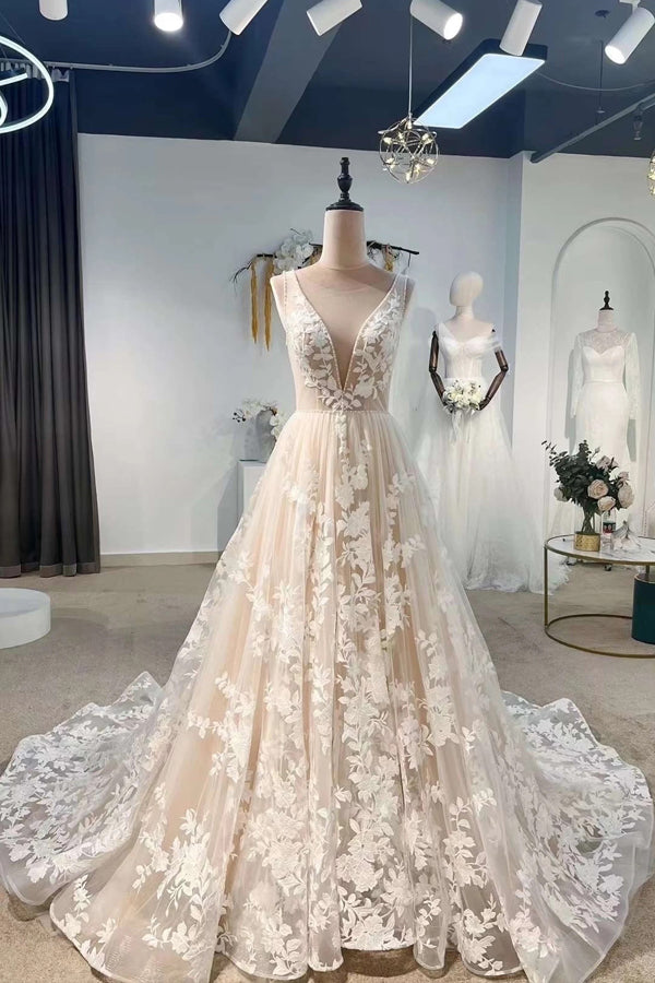 Fairy Floral A-line Bohemian Wedding Dress Unique Elopement Dress-Pgmdress