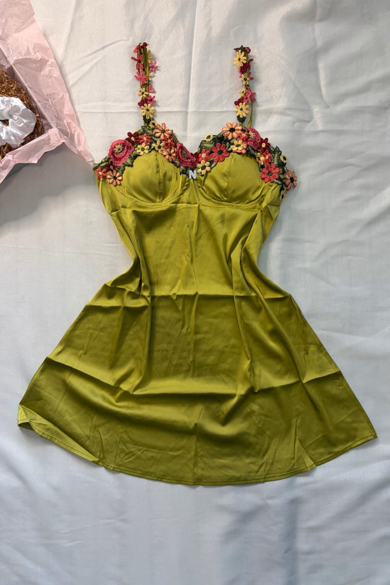 Floral Embroidered Olive Green Satin Mini Homecoming Dress-Pgmdress