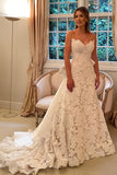 Floral Lace Strapless A Line Boho Ivory Wedding Dress with Satin Bowtie WD634