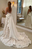 Floral Lace Strapless A Line Boho Ivory Wedding Dress with Satin Bowtie WD634-Pgmdress