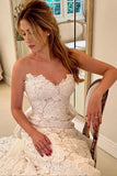 Floral Lace Strapless A Line Boho Ivory Wedding Dress with Satin Bowtie WD634-Pgmdress