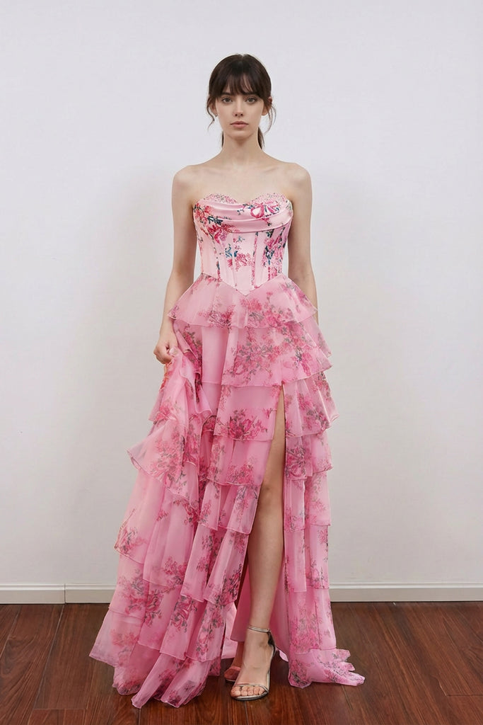 Floral Printed Princess Sweetheart Tiered Corset Prom Dress with Slit US14 / Blue
