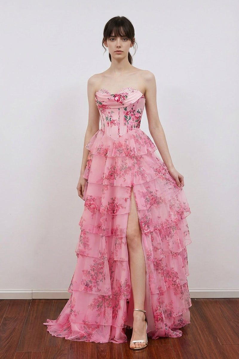 Floral Printed Princess Sweetheart Tiered Corset Prom Dress with Slit-Pgmdress