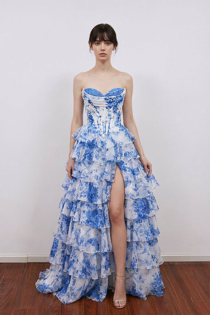 Floral Printed Princess Sweetheart Tiered Corset Prom Dress with Slit US14 / Blue Floral Printed Princess Sweetheart Tiered Corset Prom Dress with Slit US14 / Blue