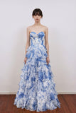 Floral Printed Princess Sweetheart Tiered Corset Prom Dress with Slit-Pgmdress
