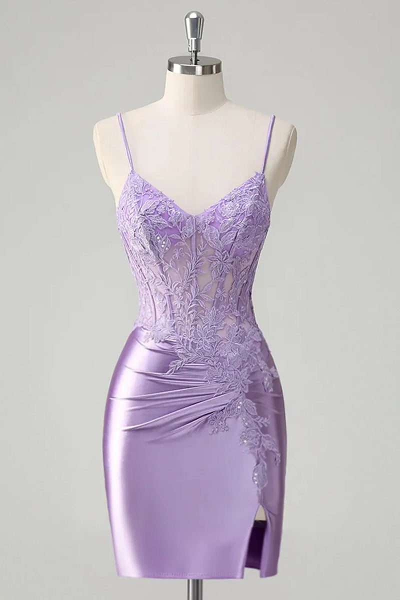 Floral Satin Tight Short Corset Lilac Homecoming Dress Party Dress-Pgmdress