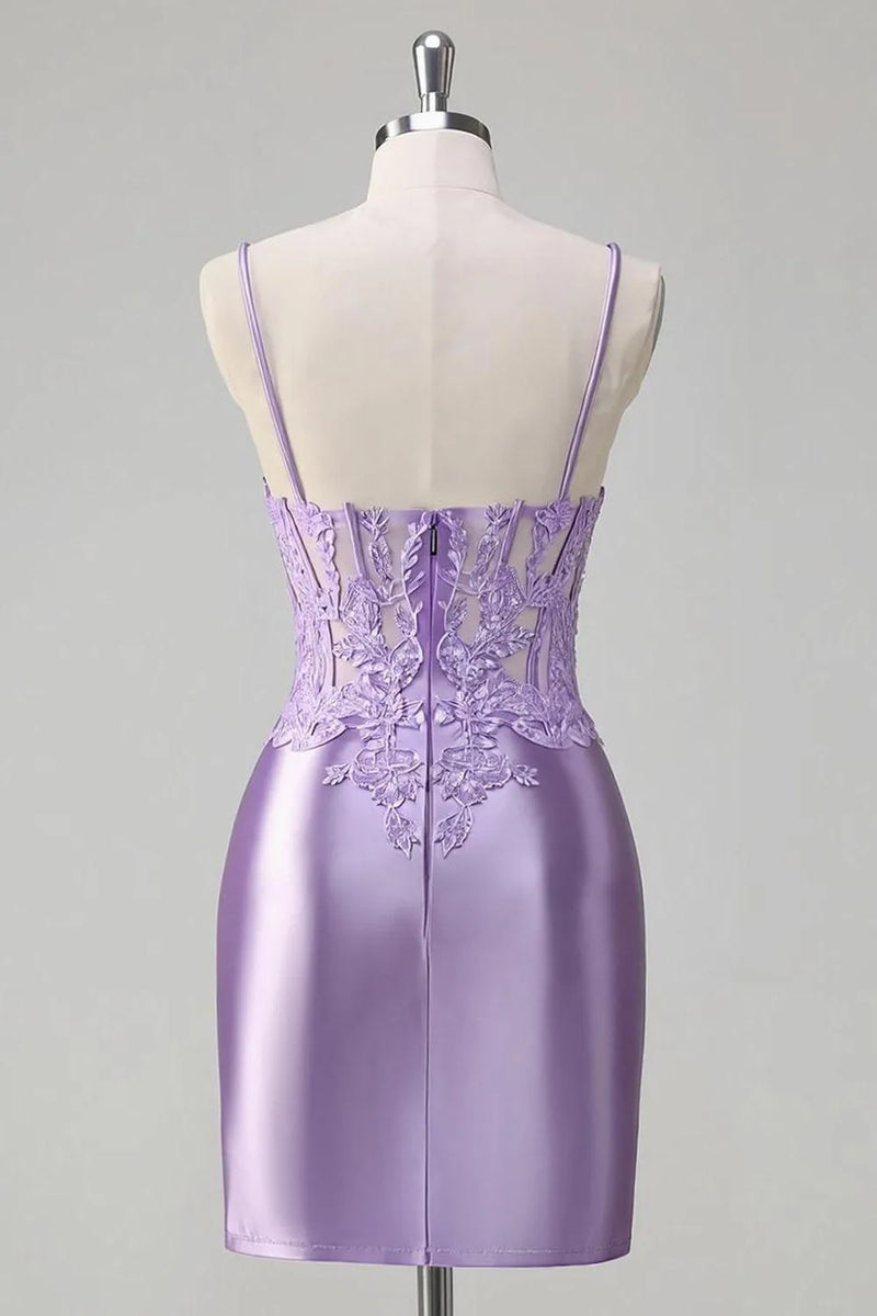 Floral Satin Tight Short Corset Lilac Homecoming Dress Party Dress-Pgmdress