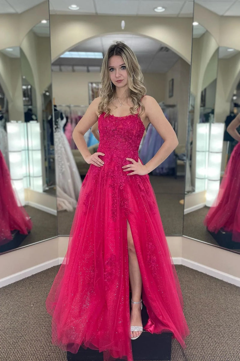 Fuchsia A-line Tulle Scoop Neckline Applique Slit Long Prom Dress PSK459-Pgmdress