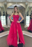 Fuchsia A-line Tulle Scoop Neckline Applique Slit Long Prom Dress PSK459