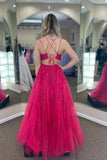 Fuchsia A-line Tulle Scoop Neckline Applique Slit Long Prom Dress PSK459-Pgmdress