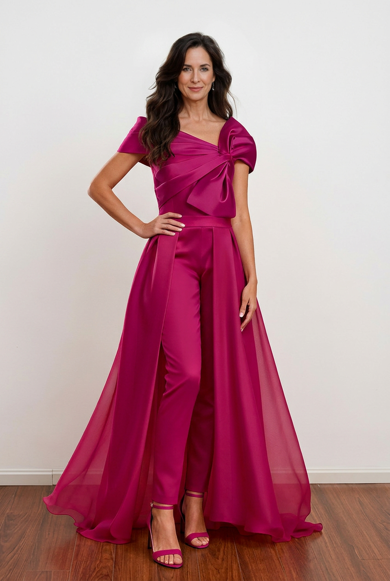 Fuchsia Asymmetrical Bow Overskirt Jumpsuit Mother Of The Bride Dress-Pgmdress