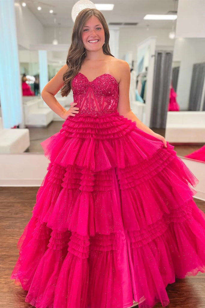 Fuchsia Multi-Layers Strapless Appliques A-line Tulle Long Prom Dress  PSK451-Pgmdress
