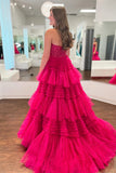 Fuchsia Multi-Layers Strapless Appliques A-line Tulle Long Prom Dress  PSK451-Pgmdress