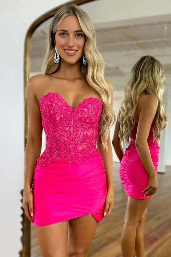 Fuchsia Beaded Lace Appliques Tight Homecoming Dress  PD537-Pgmdress