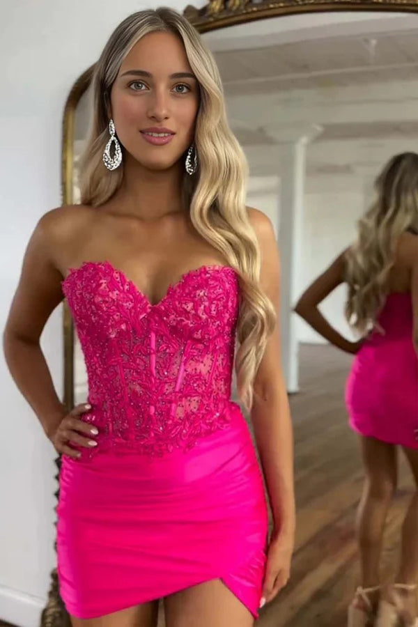 Fuchsia Beaded Lace Appliques Tight Homecoming Dress  PD537