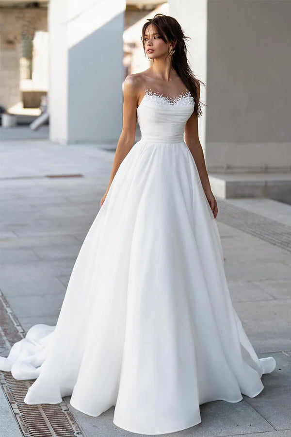 Glamorous Off-Shoulder Sweetheart Pearls Modest Wedding Dress WD668-Pgmdress