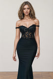 Glitter Off Shoulder Black Mermaid Long Prom Dress Party Dress-Pgmdress