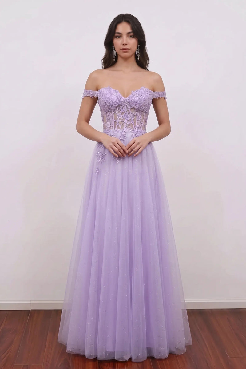 Glitter Off The Shoulder A-line Purple Prom Dress with Lace Bodice-Pgmdress