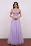 Glitter Off The Shoulder A-line Purple Prom Dress with Lace Bodice-Pgmdress