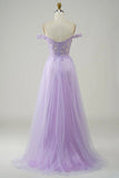 Glitter Off The Shoulder A-line Purple Prom Dress with Lace Bodice-Pgmdress