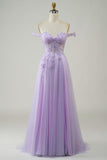 Glitter Off The Shoulder A-line Purple Prom Dress with Lace Bodice-Pgmdress