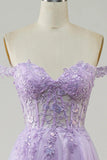 Glitter Off The Shoulder A-line Lavender Prom Dress with Lace Bodice