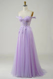 Glitter Off The Shoulder A-line Purple Prom Dress with Lace Bodice-Pgmdress