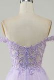 Glitter Off The Shoulder A-line Lavender Prom Dress with Lace Bodice