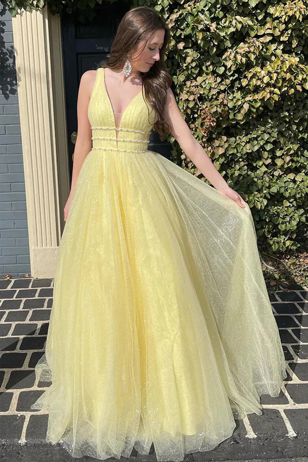 Glitter A-Line Tulle Beaded Yellow Long Prom Dress PSK529 Custom Size / Yellow